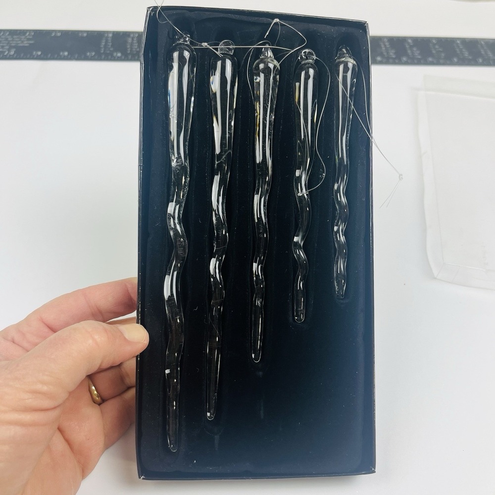 5 Clear Glass Twisted Icicle Christmas Ornaments Vintage Tree‎ Trim Open Box